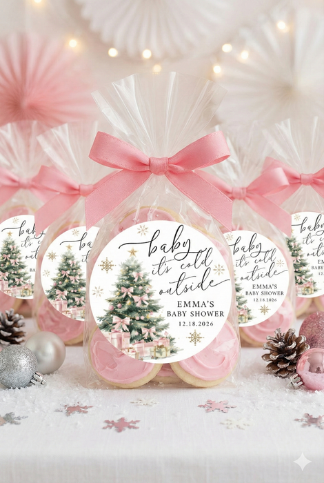 Baby It’s Cold Outside Pink Tree Baby Shower Stickers