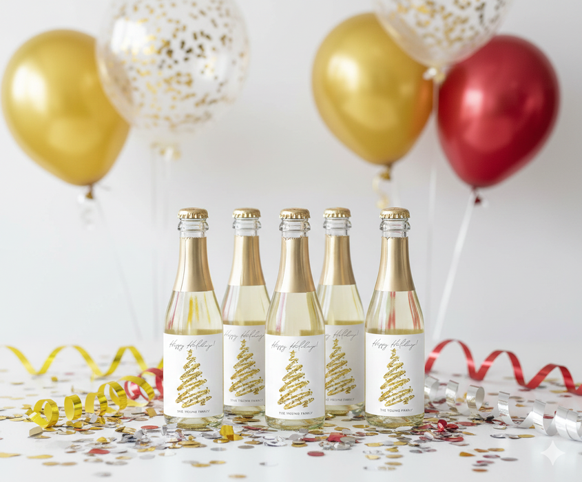 Happy Holidays Gold Glitter Tree Christmas Wine Labels