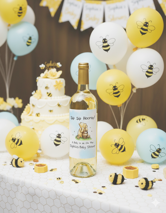 Sip Sip Hooray Pooh Baby Shower Wine Labels