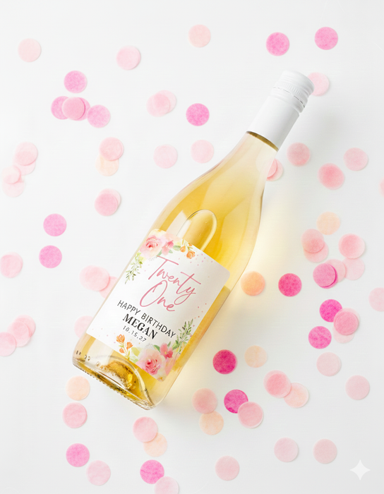 Rose Pink Floral 21st Birthday Party Wine Labels