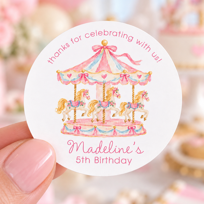 Pink Carousel Birthday Party Stickers