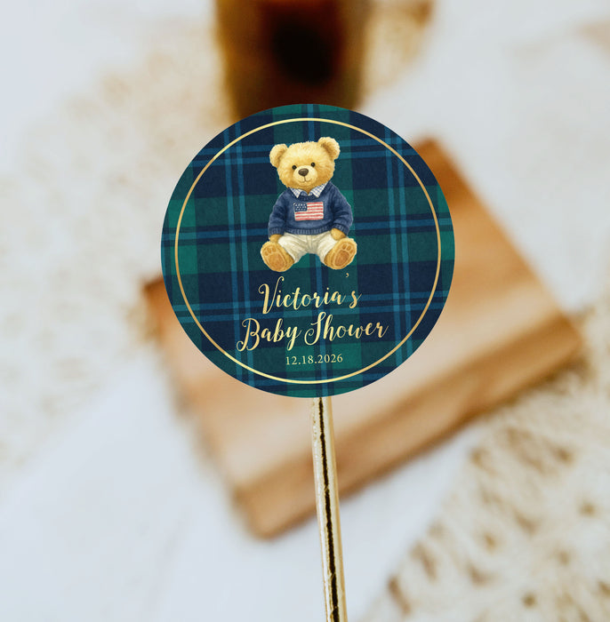Plaid Bear Baby Shower Label Stickers