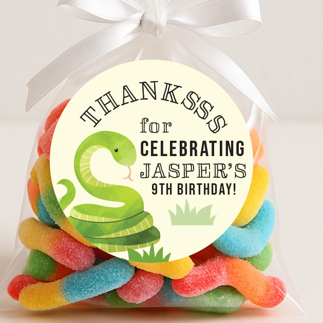 Bag of colorful gummy worms with a birthday-themed label on a white background