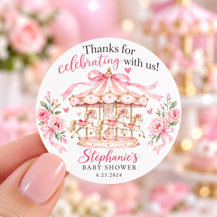 Pink Carousel Baby Shower Stickers
