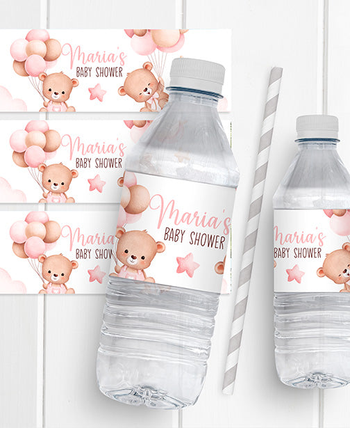 Pink Bear Baby Shower Water Bottle Labels