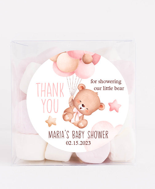 Pink Little Bear Balloons Baby Shower Stickers