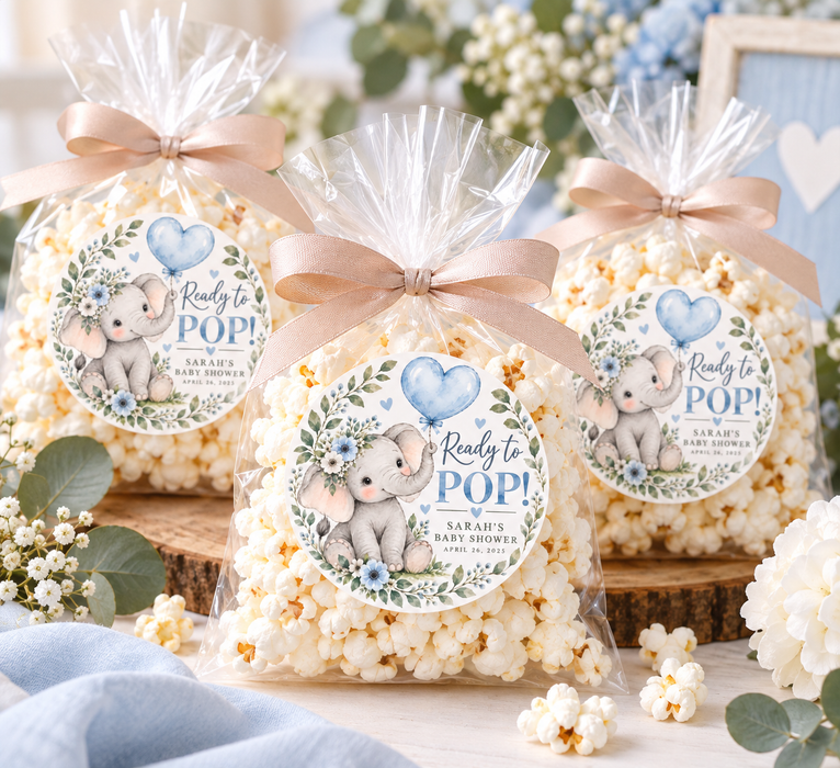 Blue Elephant Ready to Pop Baby Shower Stickers