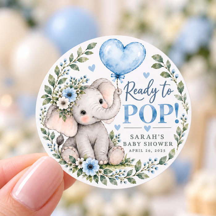 Blue Elephant Ready to Pop Baby Shower Stickers