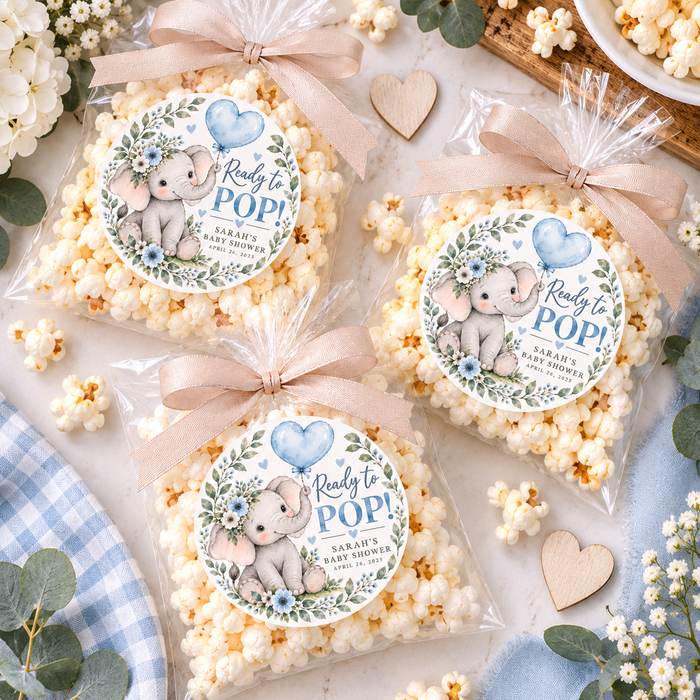 Blue Elephant Ready to Pop Baby Shower Stickers