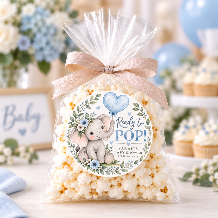Blue Elephant Ready to Pop Baby Shower Stickers