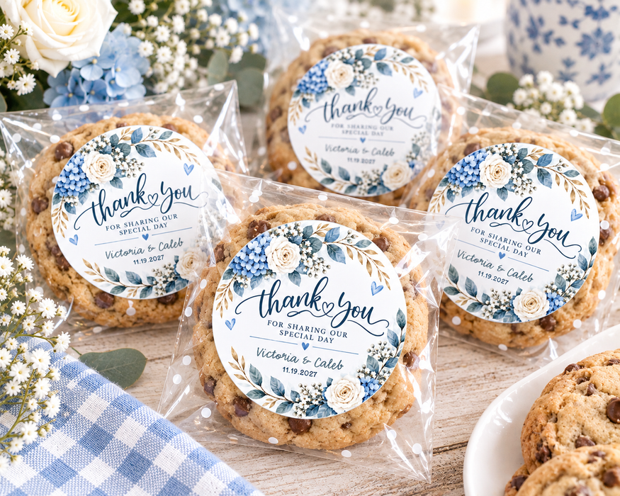 Blue Floral Wreath Wedding Favor Stickers