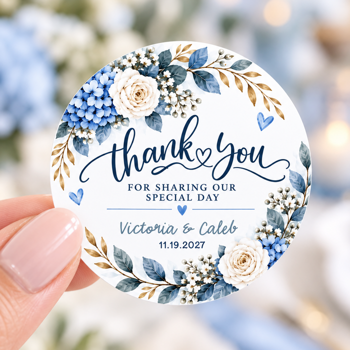 Blue Floral Wreath Wedding Favor Stickers