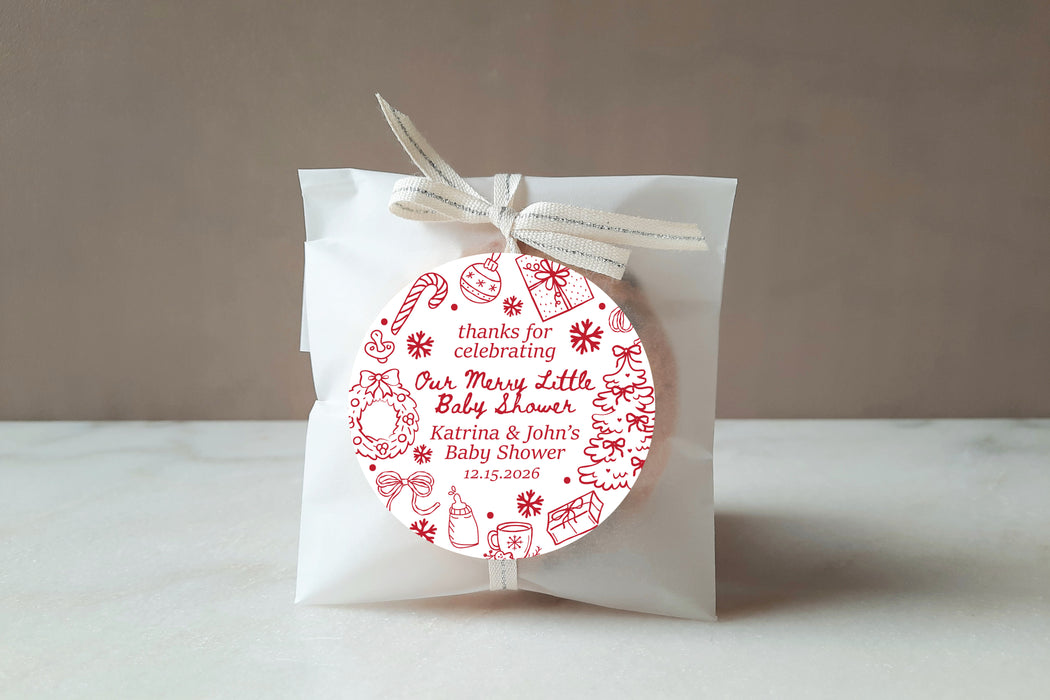 Red Christmas Doodles Baby Shower Stickers