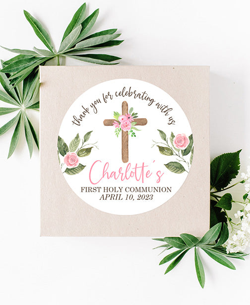 Pink Cross First Communion Stickers