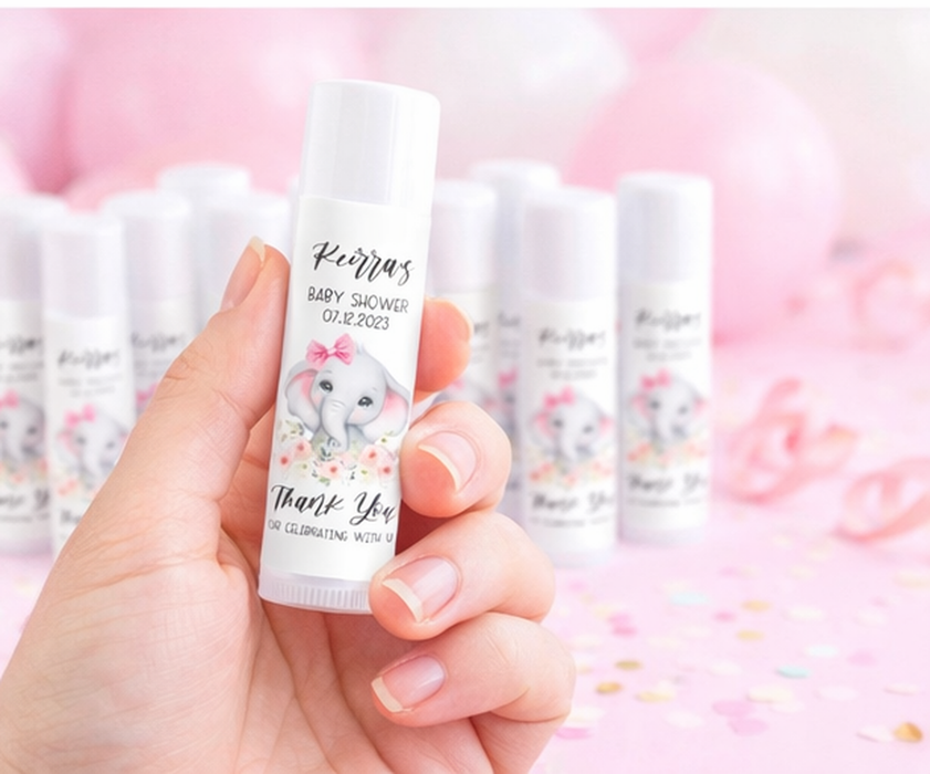 Pink Elephant Baby Shower Lip Balm Labels