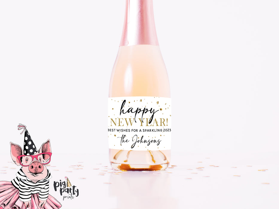 Gold Confetti Happy New Year Champagne Labels
