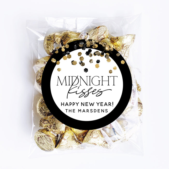Pack of gold candies with a 'Happy New Year!' label on a white background