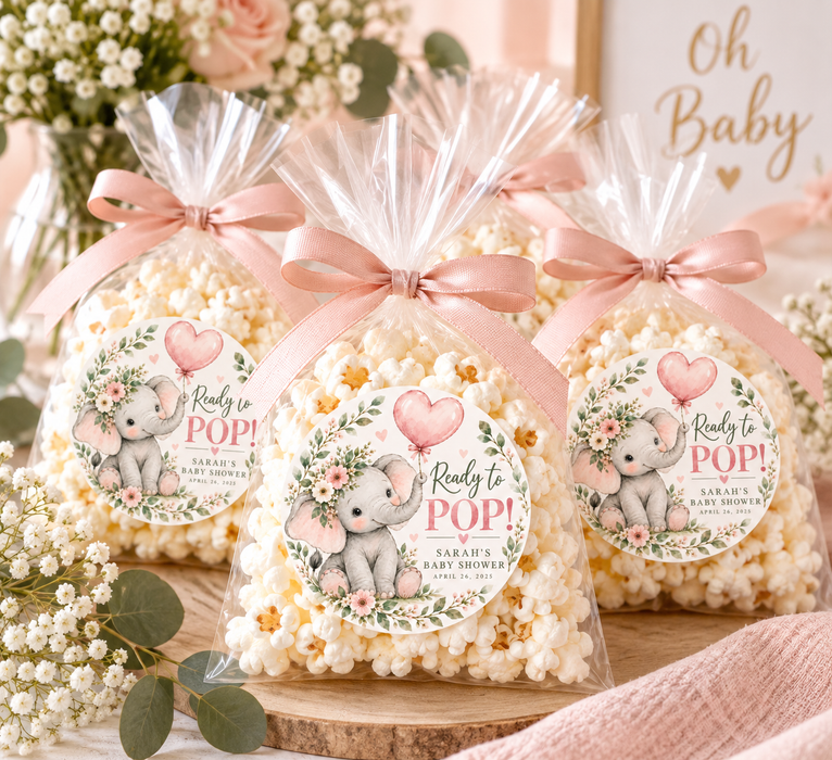 Pink Elephant Ready to Pop Baby Shower Stickers