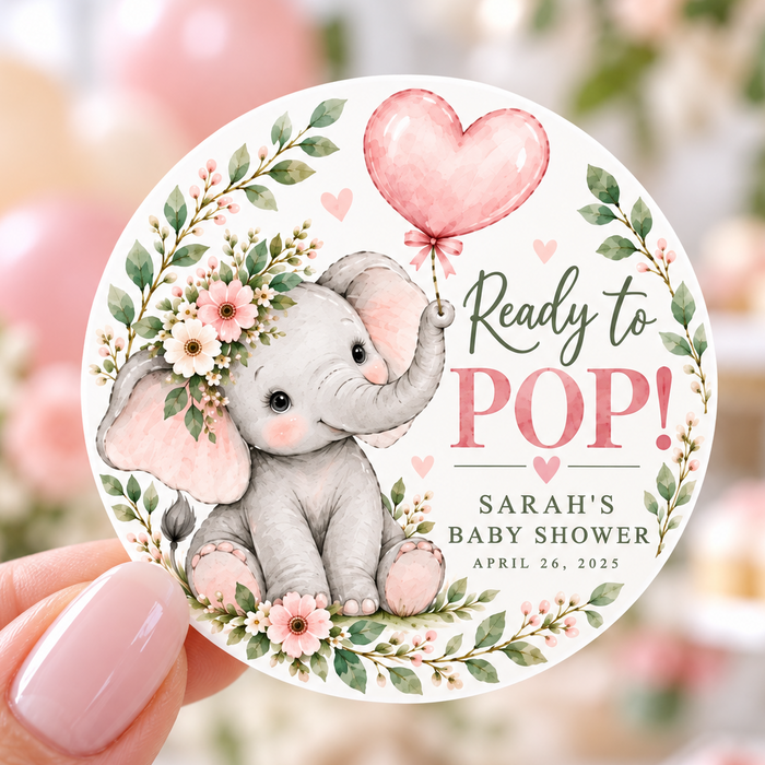 Pink Elephant Ready to Pop Baby Shower Stickers