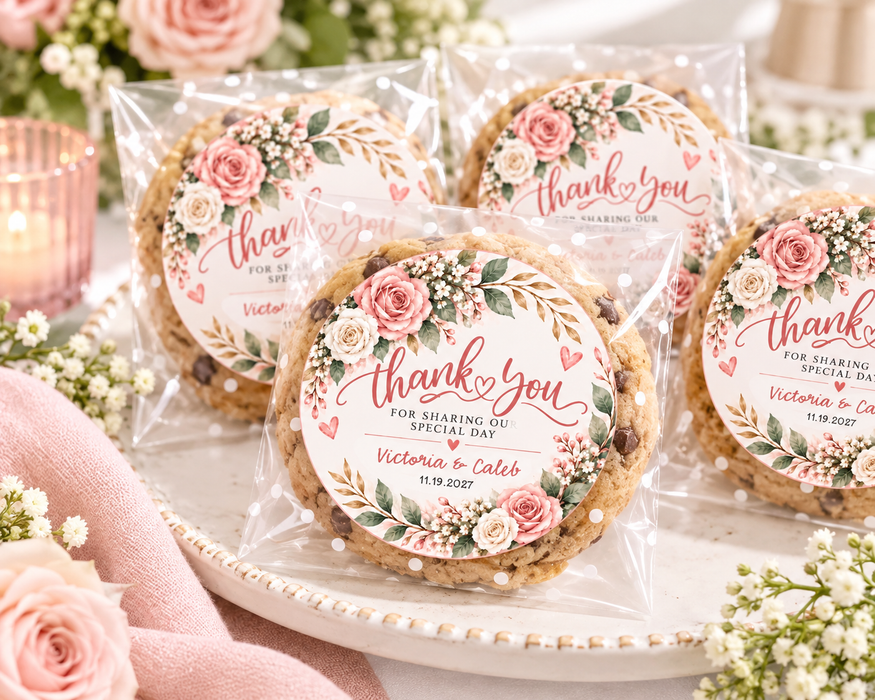 Pink Floral Wreath Wedding Favor Stickers