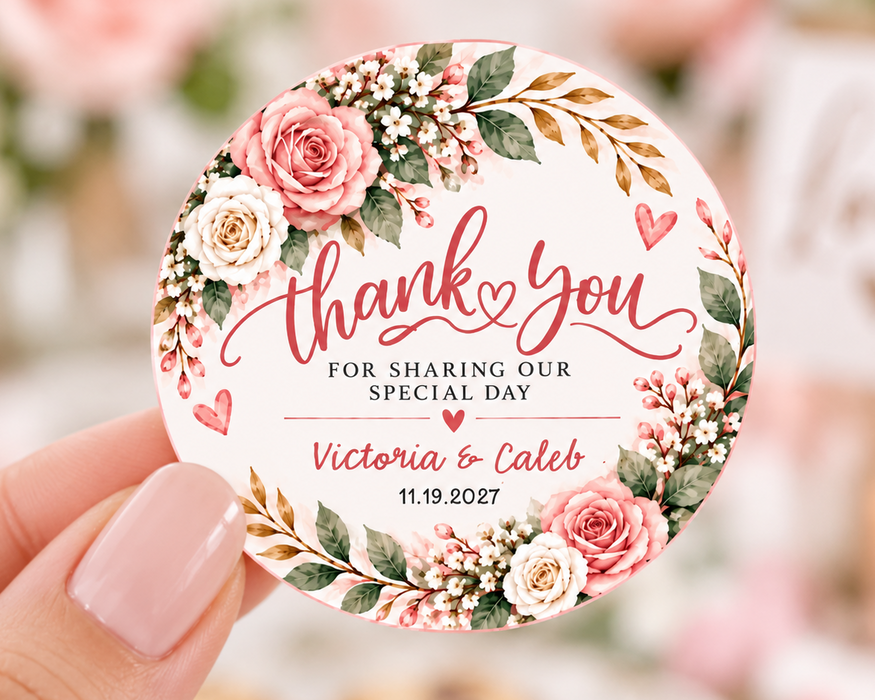 Pink Floral Wreath Wedding Favor Stickers