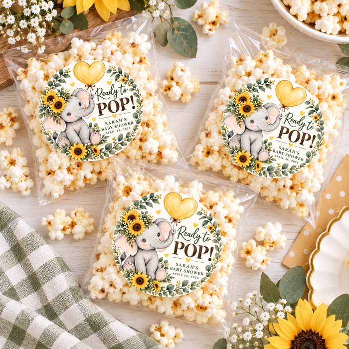 Sunflower Elephant Ready to Pop Baby Shower Stickers