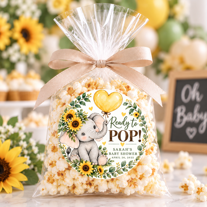 Sunflower Elephant Ready to Pop Baby Shower Stickers