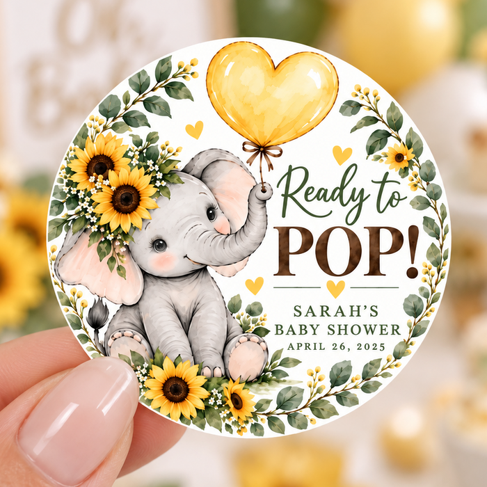Sunflower Elephant Ready to Pop Baby Shower Stickers