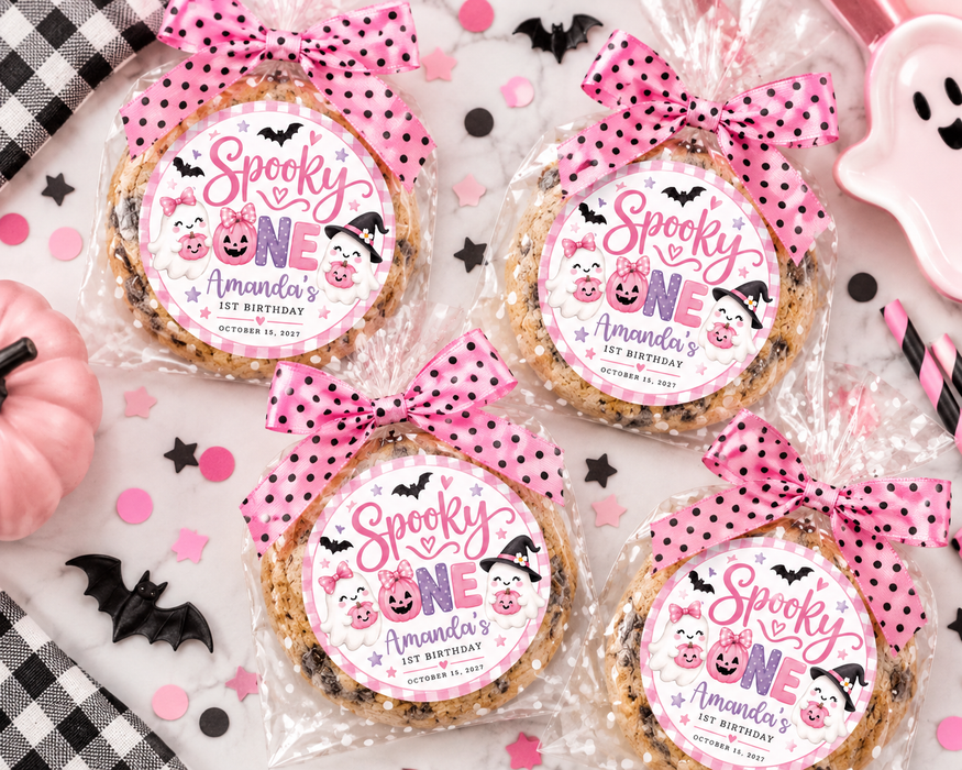Pink Spooky One Birthday Favor Stickers