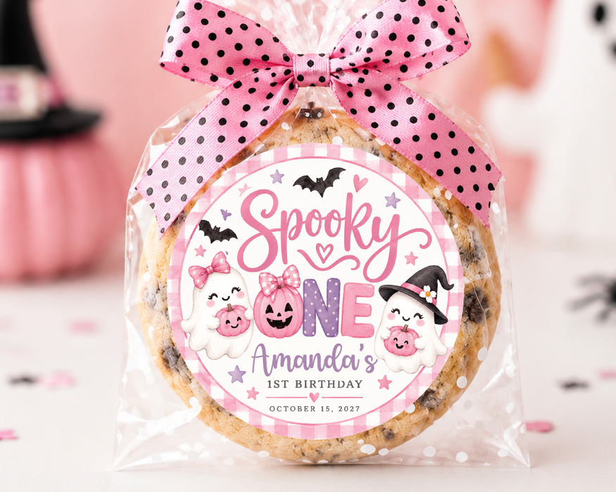 Pink Spooky One Birthday Favor Stickers