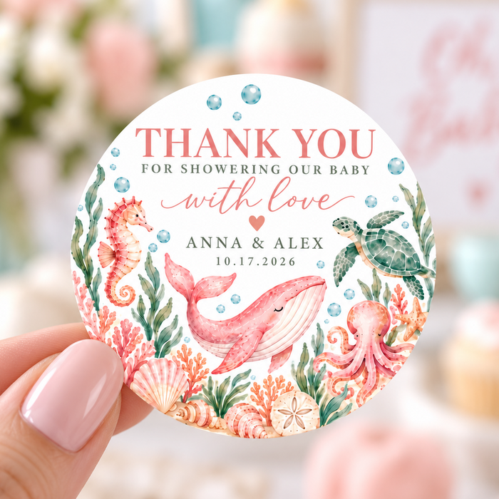 Coastal Pink Under the Sea Baby Shower Stickers