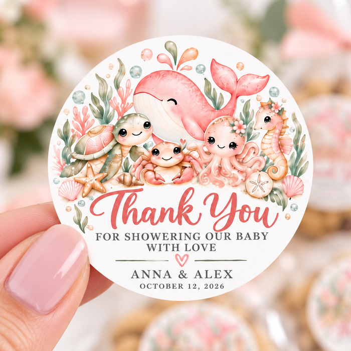 Cute Pink Under the Sea Baby Shower Stickers