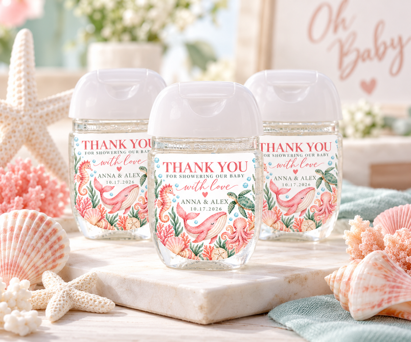Pink Under the Sea Baby Shower Hand Sanitizer Labels