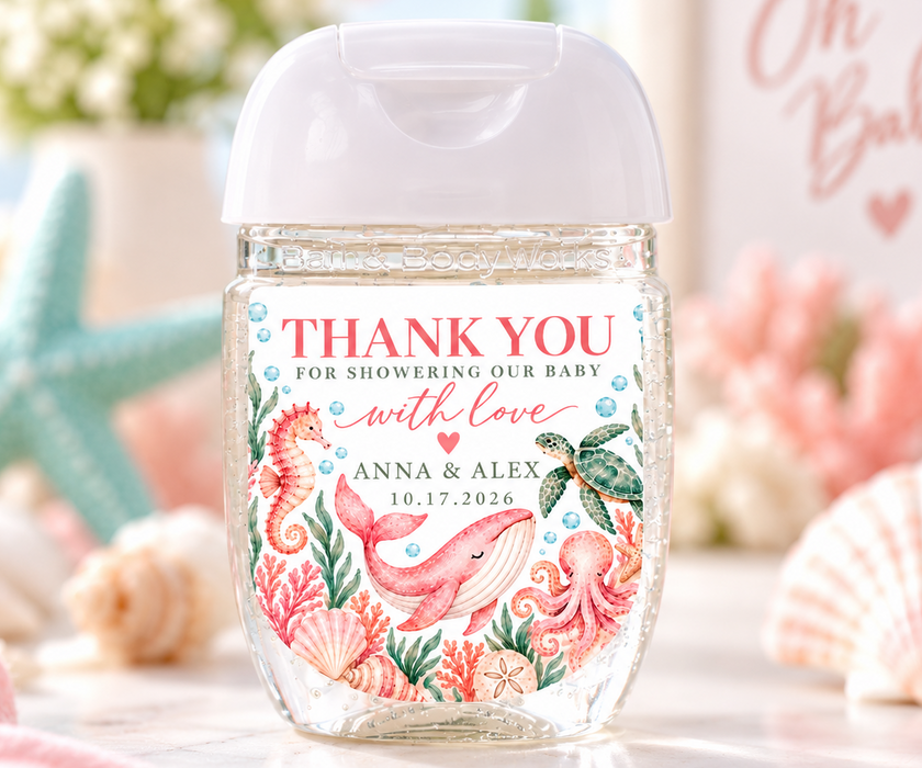 Pink Under the Sea Baby Shower Hand Sanitizer Labels