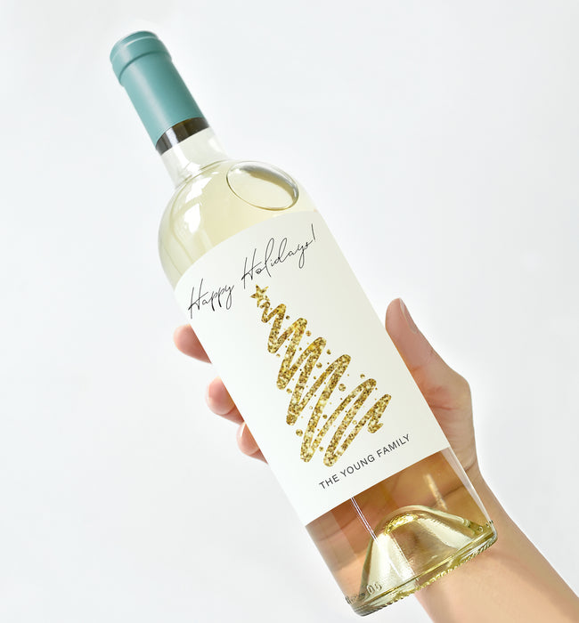 Happy Holidays Gold Glitter Tree Christmas Wine Labels