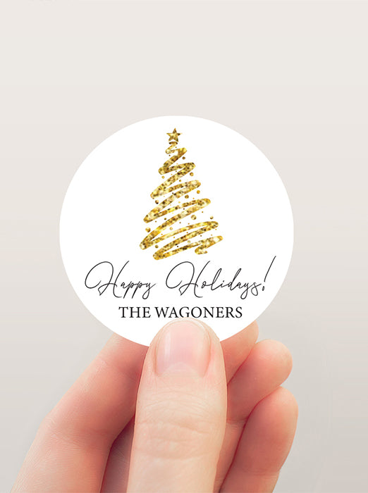 Gold Glitter Tree Christmas Sticker Labels