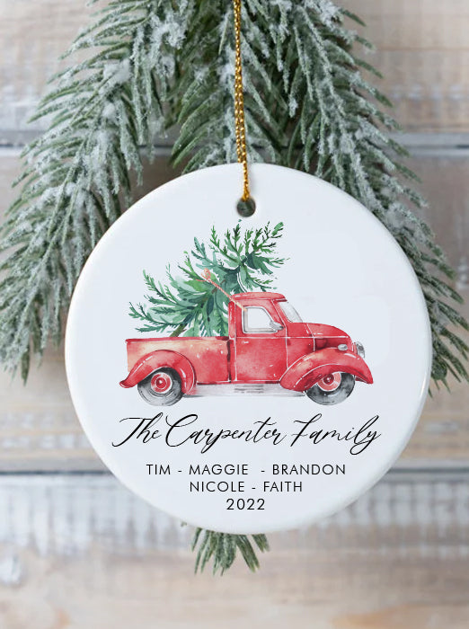 Family Christmas Ornament Red Truck with Tree