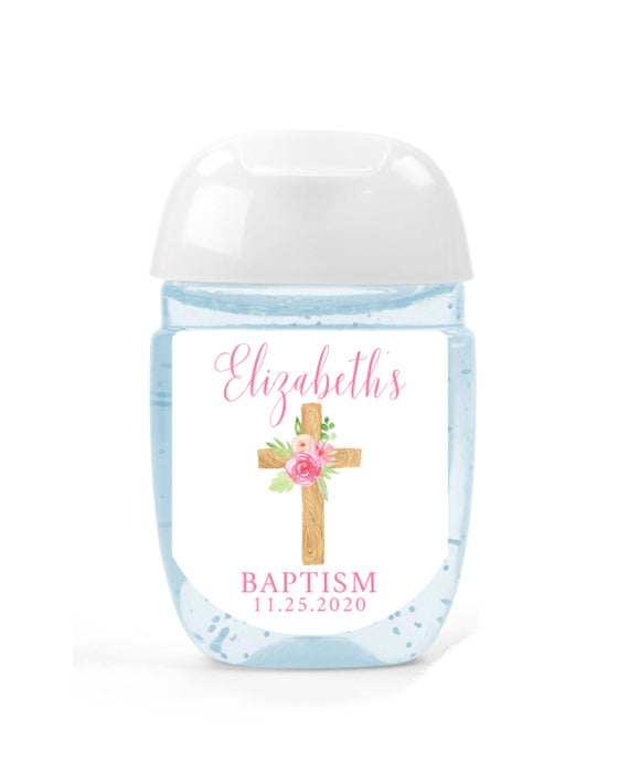 Pink Cross Baptism Hand Sanitizer Label