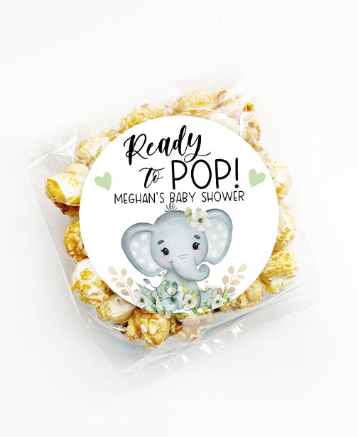 Green Elephant Ready to Pop Baby Shower Stickers