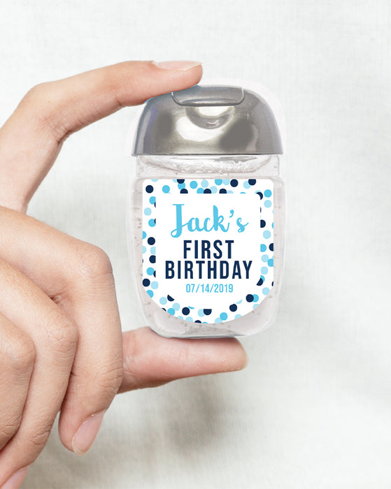 Blue Glitter Confetti Birthday Hand Sanitizer Label