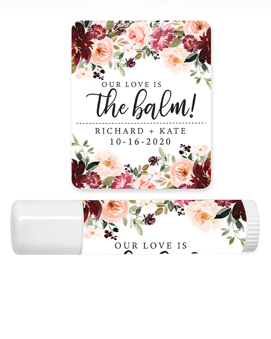 Burgundy Floral Our Love is the Balm Wedding Labels