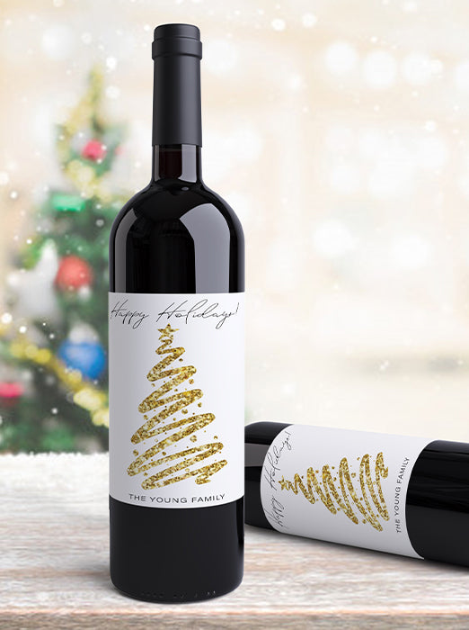 Happy Holidays Gold Glitter Tree Christmas Wine Labels