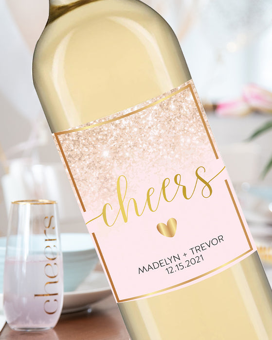 Pink Glitter Cheers Wine Labels