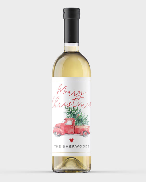 red christmas truck wine labels